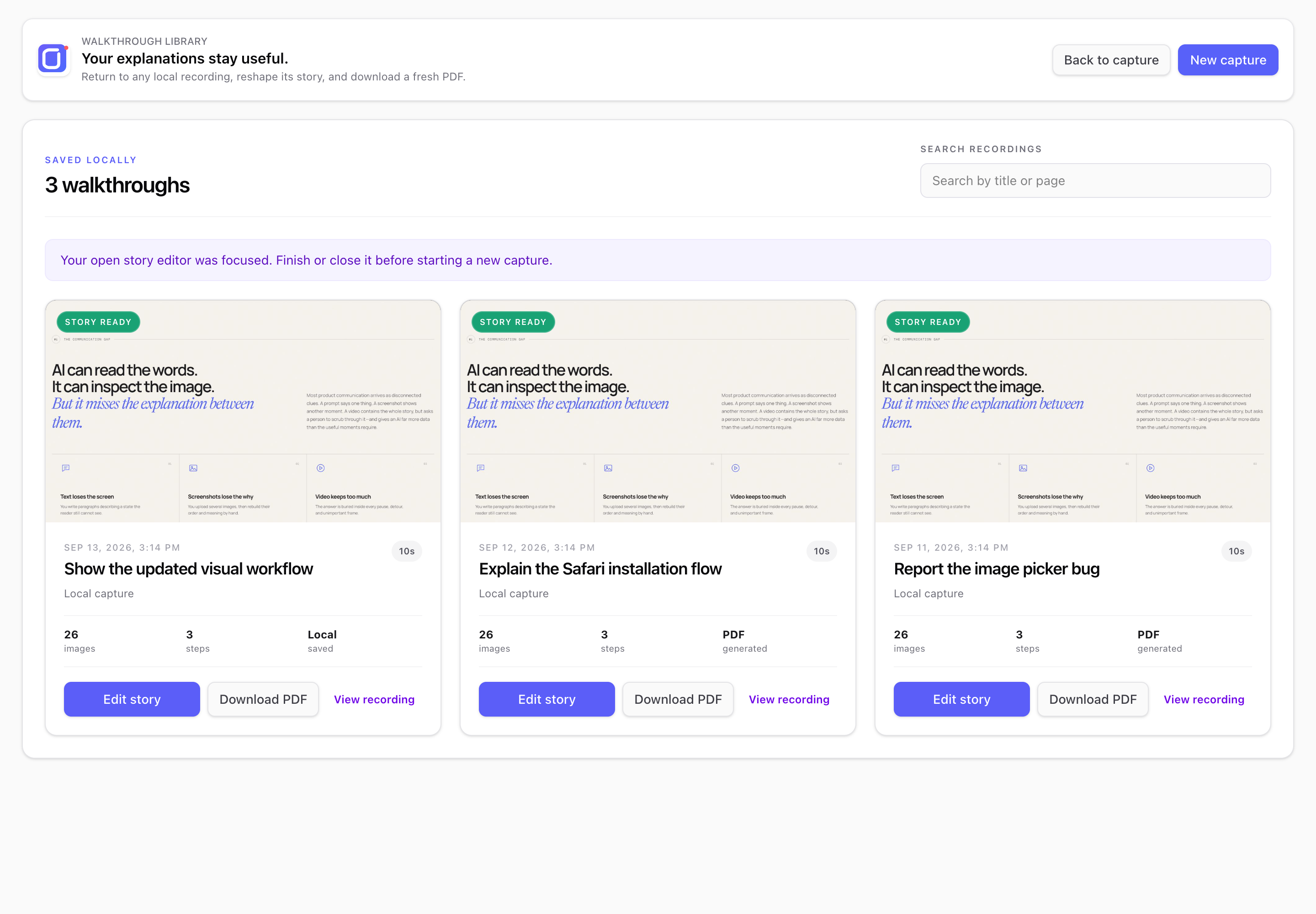 JesSee walkthrough library with saved recordings and Edit story, Download PDF, and View recording actions